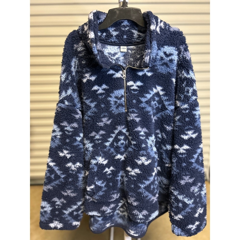Old Navy Fleece Pullover Women XXL Blue Sherpa Quarter-Zip Southwestern Aztec